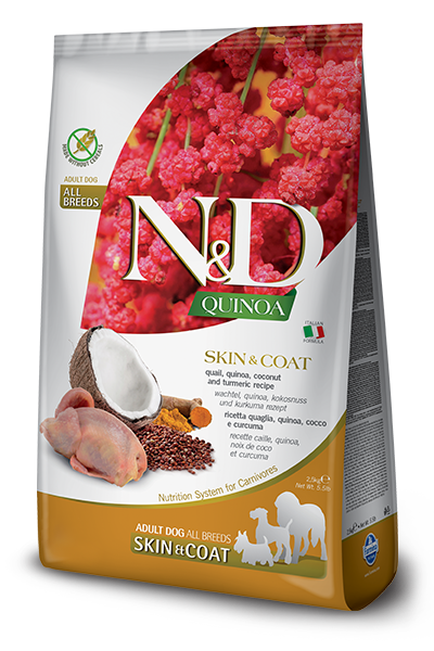 Farmina N&D - Grain Free Quinoa Adult Skin&Coat alla Quaglia, Quinoa, Cocco e Curcuma da 7 Kg